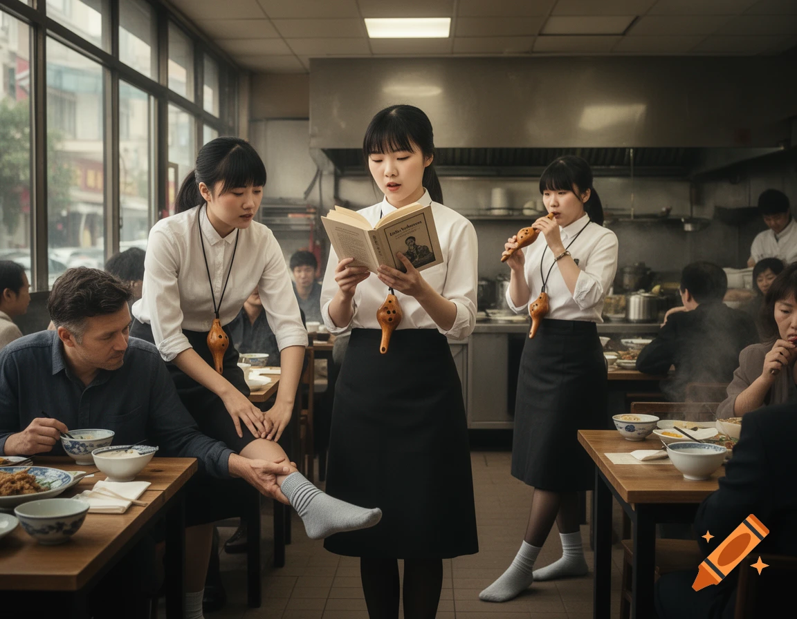 Photorealistic scene inside a Chinese restaurant where a waitress reads a book and holds an ocarina.