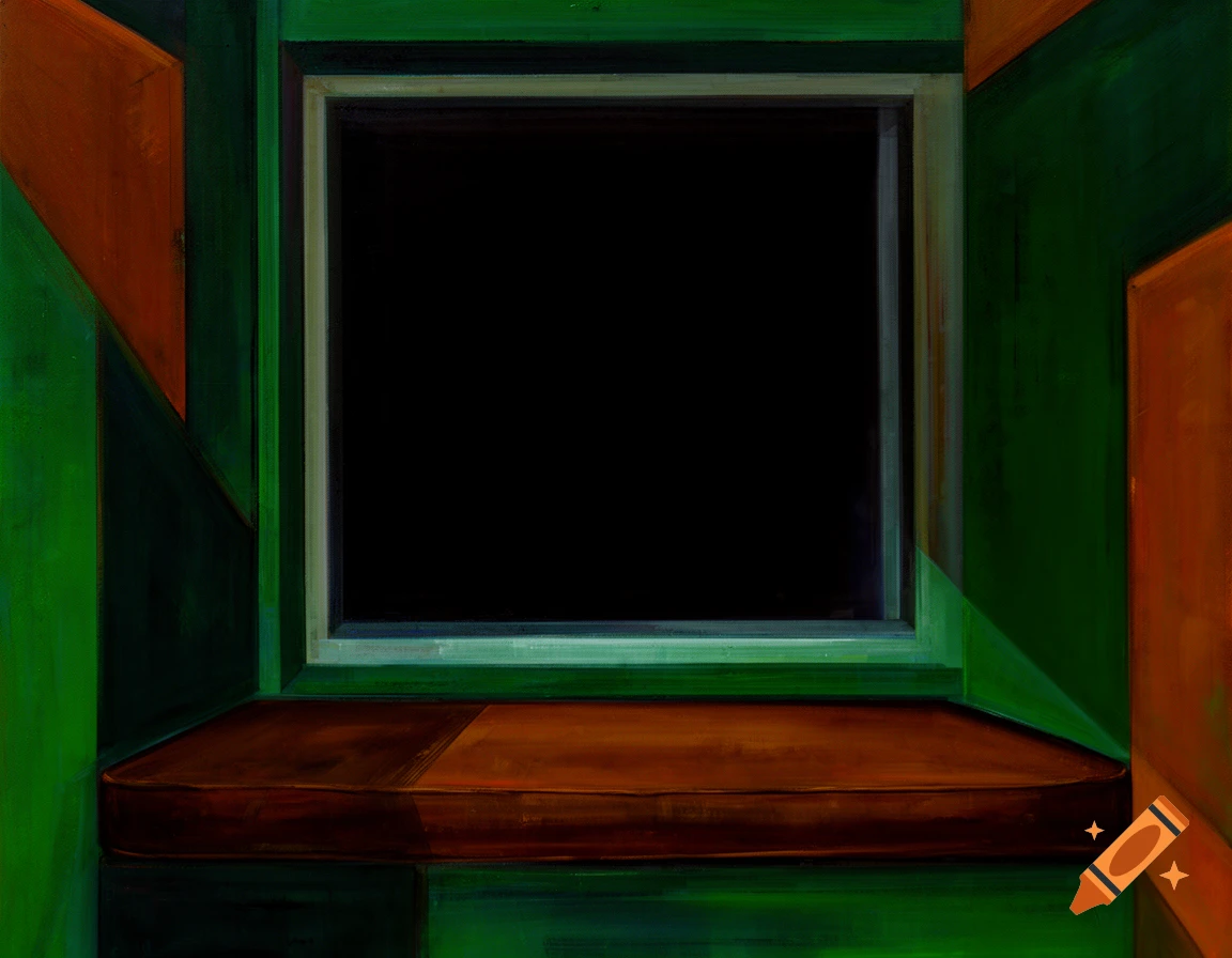 Abstract oil painting of a window seat with dark green walls, an orange cushion, and a dark window framing blackness.