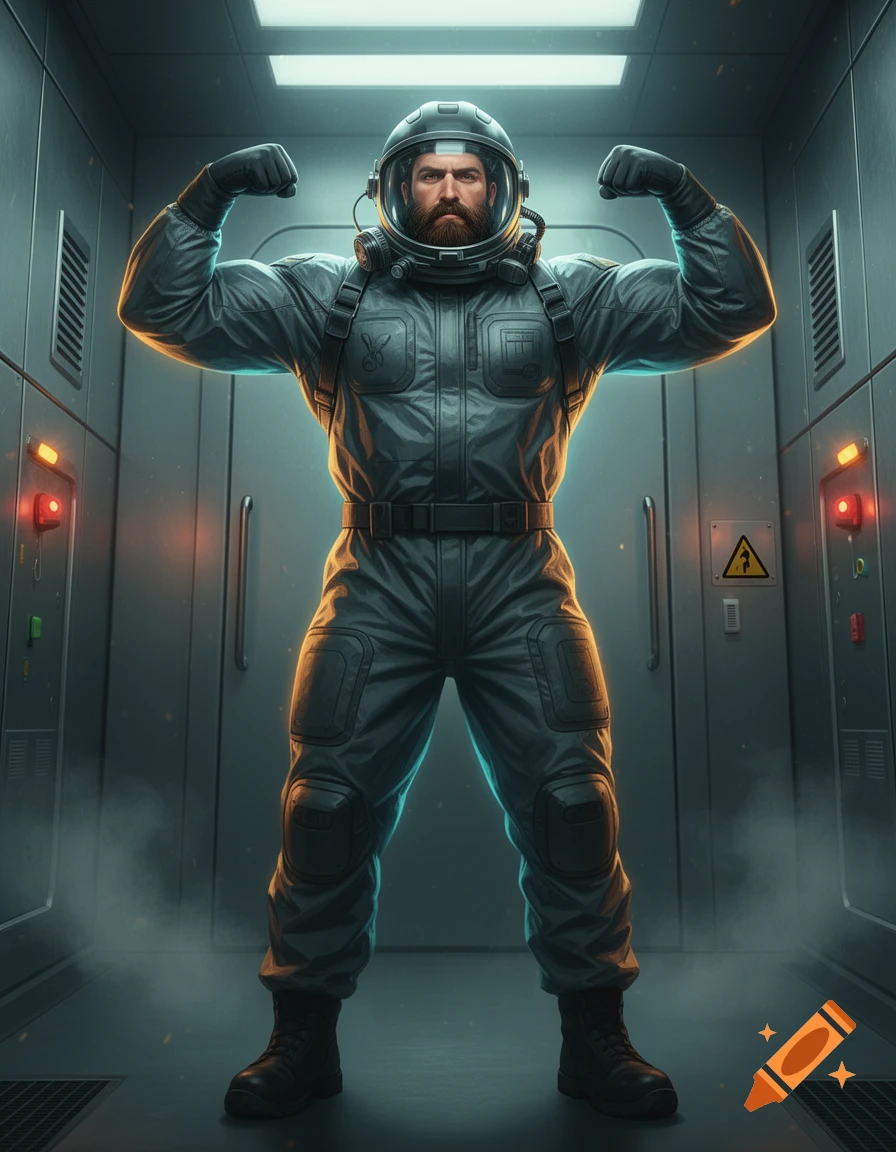 A muscular man with a beard wearing a grey hazmat suit and helmet, flexing his muscles inside a sci-fi corridor, photorealistic style.