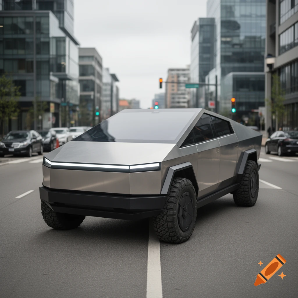 Photorealistic image of a futuristic metallic cybertruck parked on a city street between buildings.