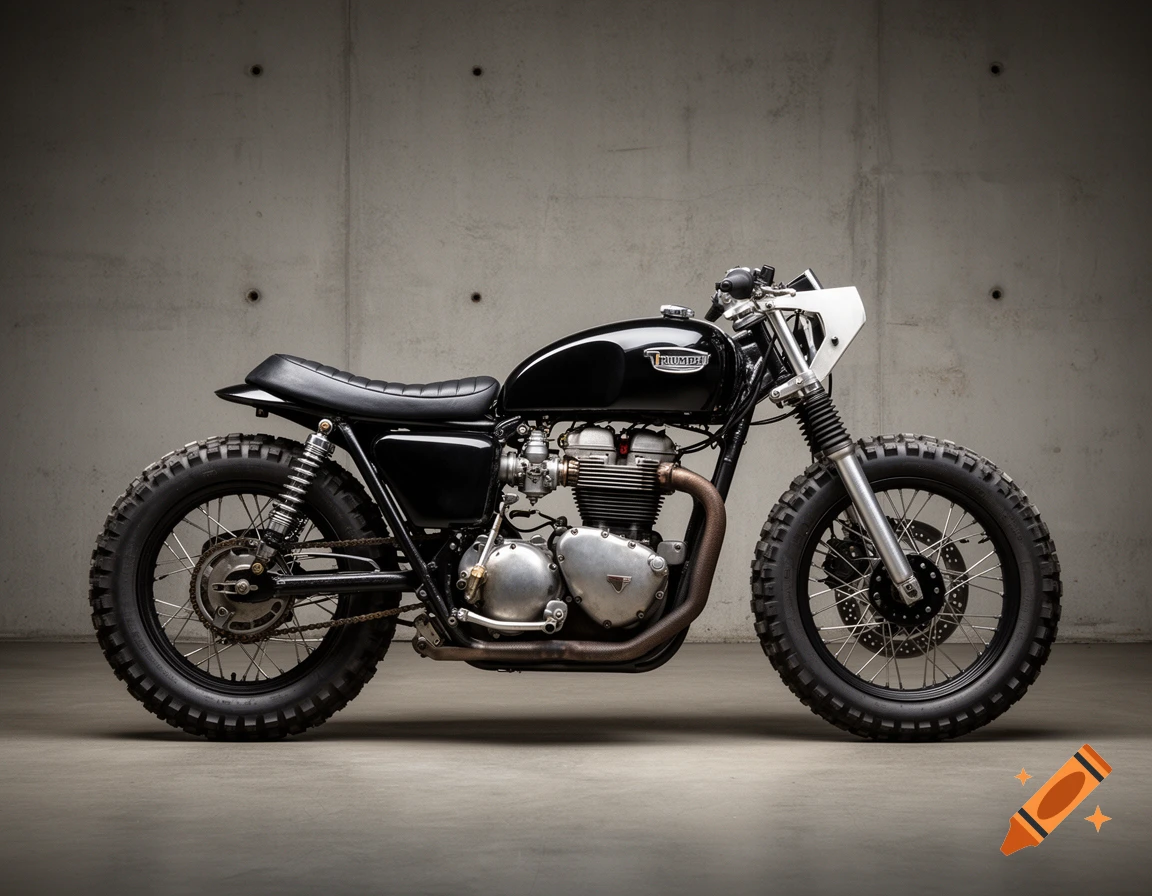 Side profile photograph of a custom vintage Triumph motorcycle with a gloss black gas tank and fat trials tires against a concrete wall.