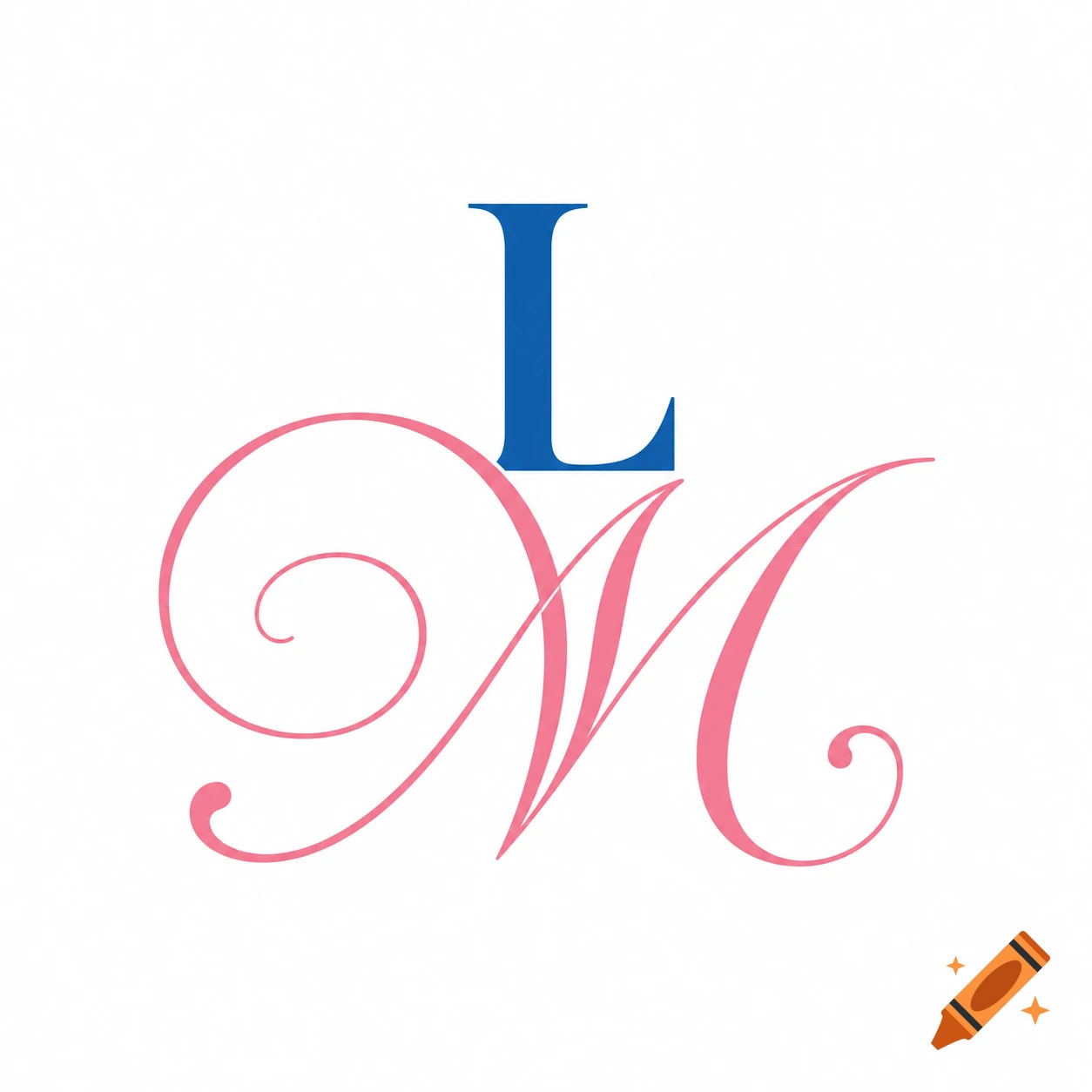 Monogram logo with a blue capital letter L above a pink cursive letter M on a white background