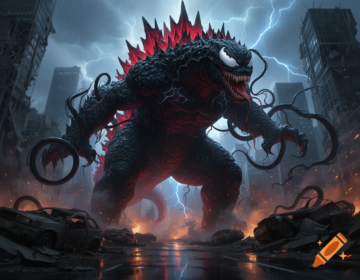 Digital illustration of a giant Venom and Godzilla hybrid creature roaring in a destroyed city during a thunderstorm with lightning.