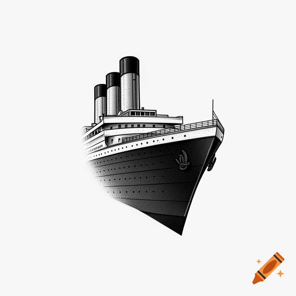 Monochrome dotwork style illustration of the Titanic ship bow, fading out against a white background.