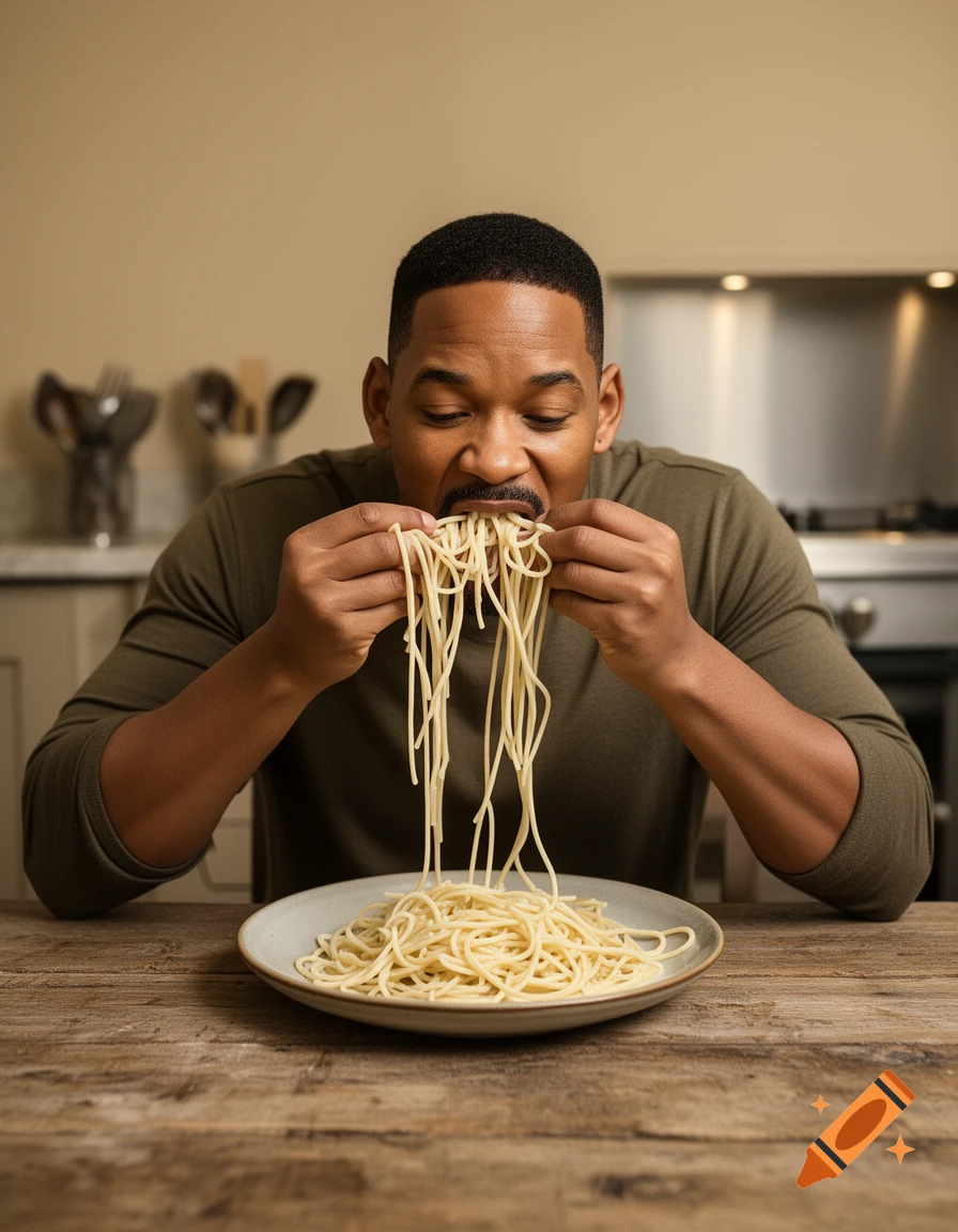Photorealistic image of a man resembling Will Smith eating raw spaghetti from a plate on a wooden table in a kitchen.