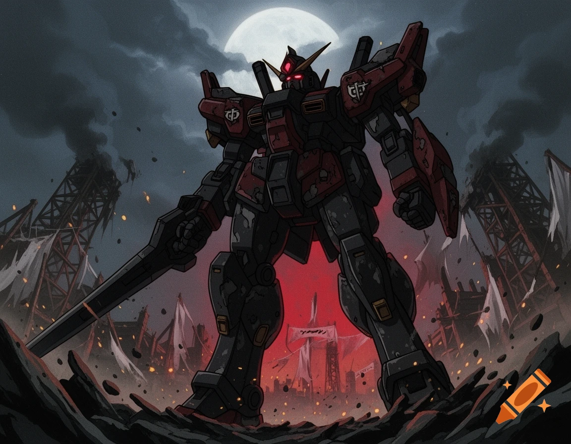 A dark 90s anime style mecha robot standing amidst rubble and smoke under a full moon.