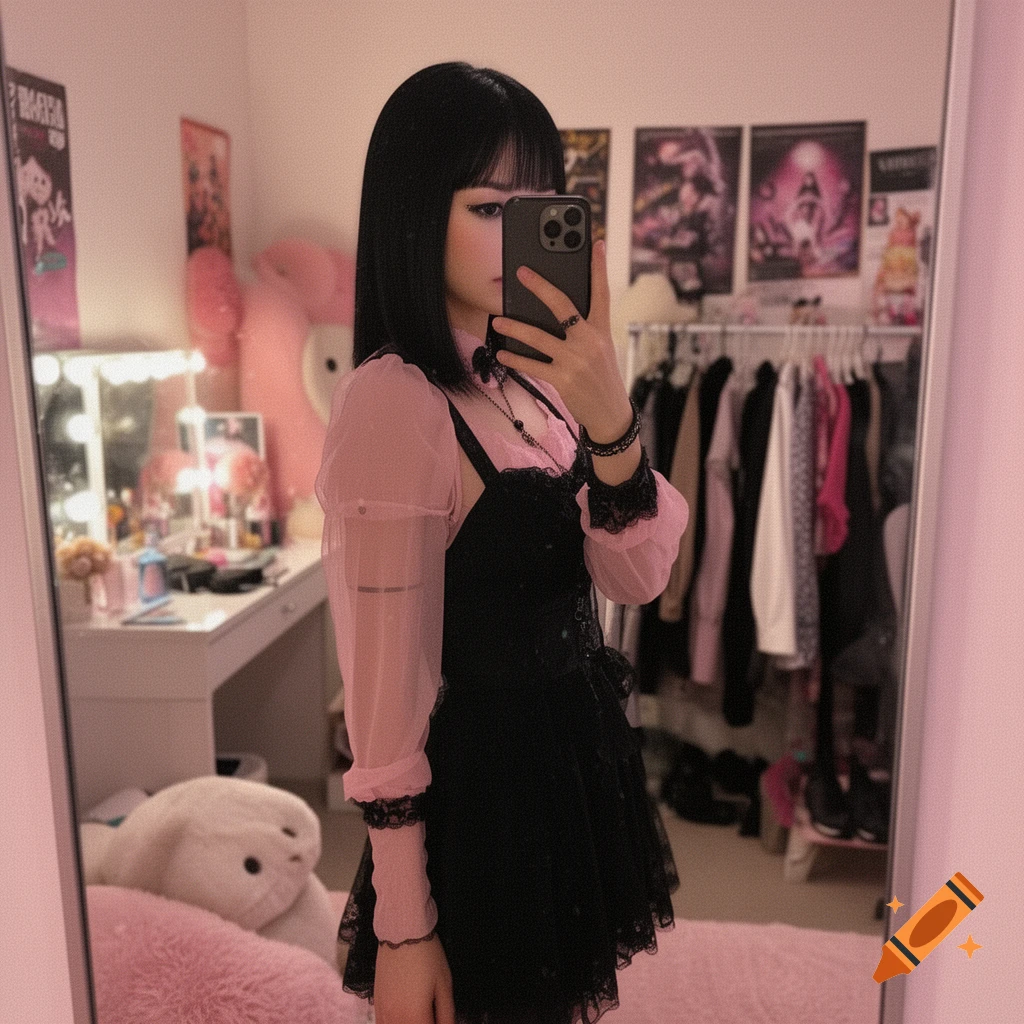 Mirror selfie of a young woman with black hair in a jirai kei fashion outfit in a pink bedroom.