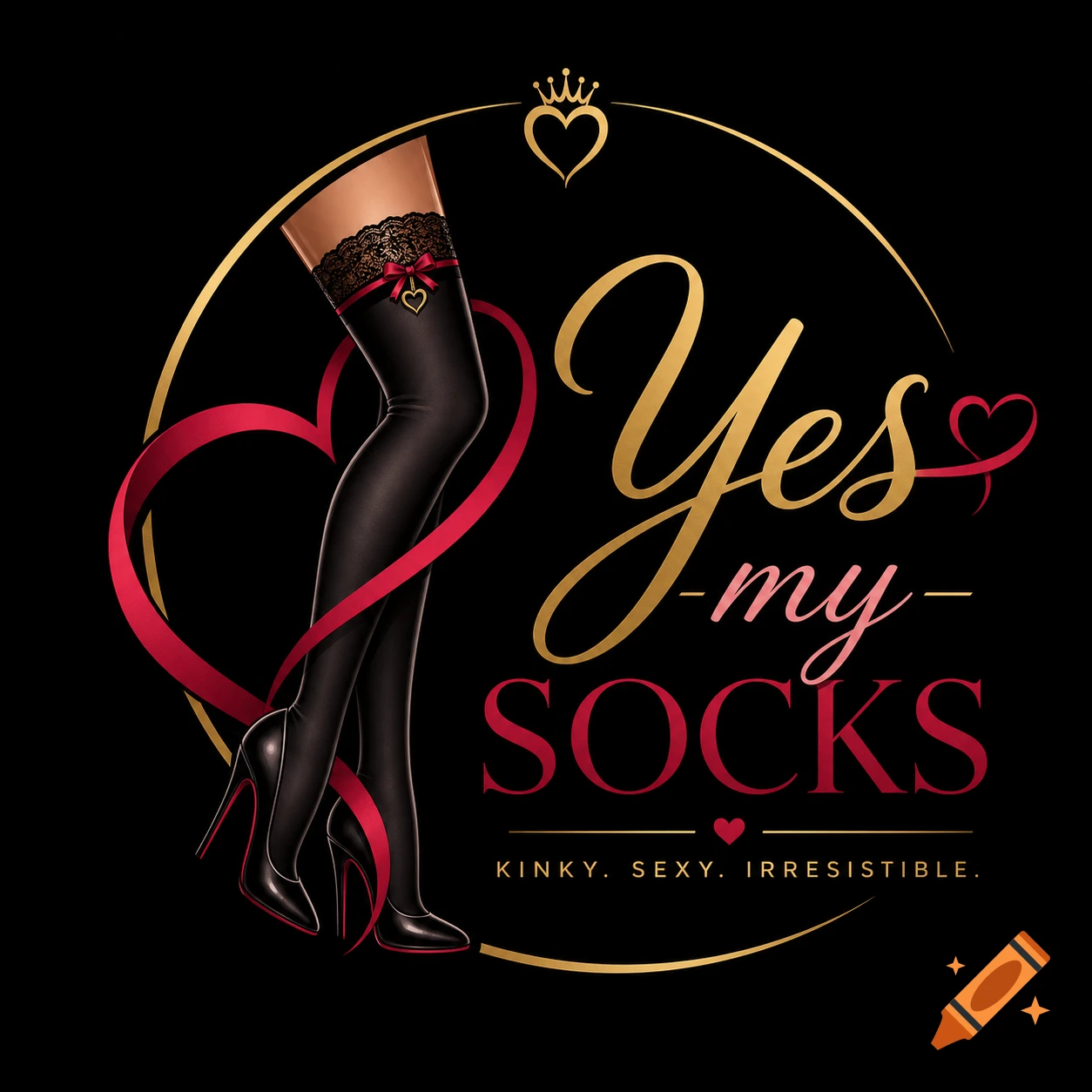 Logo for Yes my socks featuring a leg in a black stocking and high heel shoe framed by a heart and text, digital art.