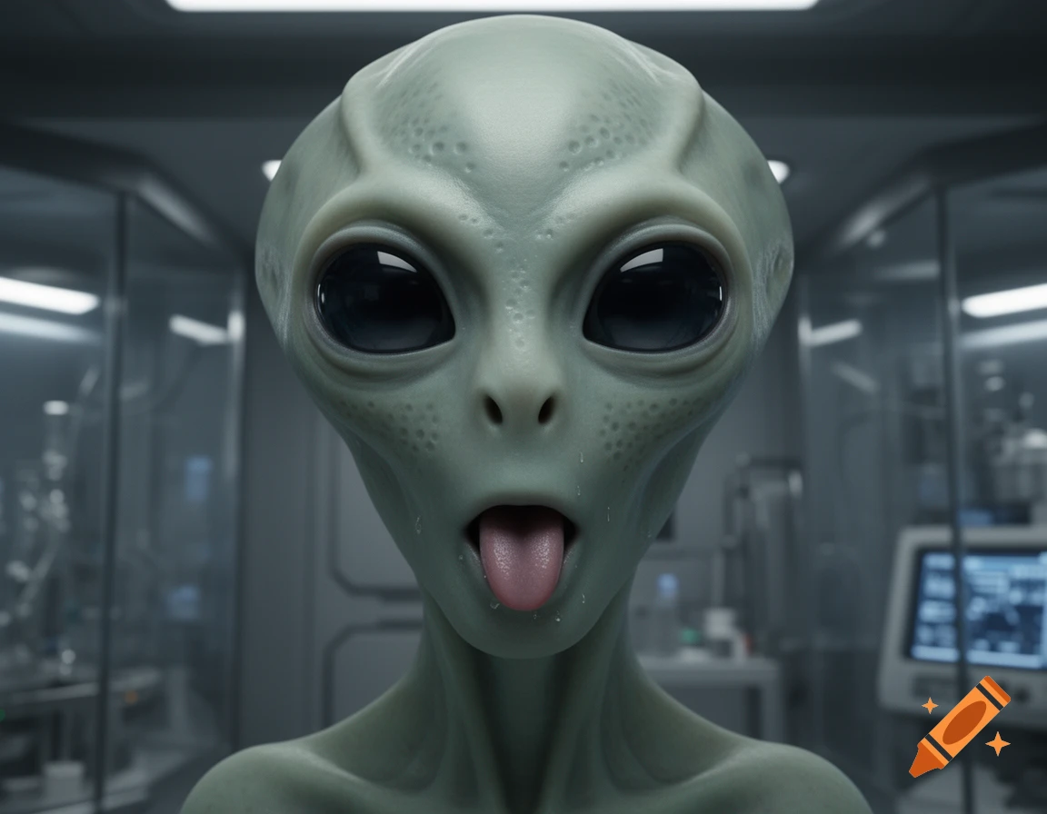 Close-up photorealistic shot of a gray alien with big black eyes sticking its tongue out in a laboratory setting.