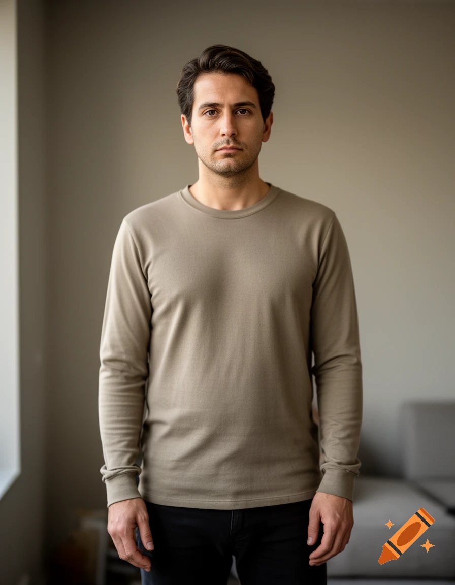 Photorealistic portrait of a neutral man with dark hair wearing a long-sleeve taupe t-shirt standing indoors.