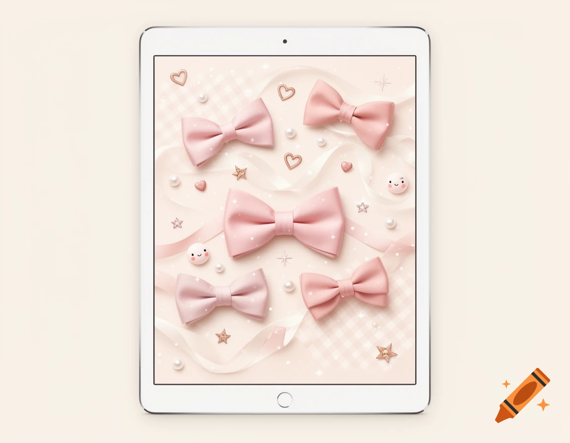 A tablet displaying a pastel pink preppy wallpaper with bows, hearts, and pearls, digital art style.
