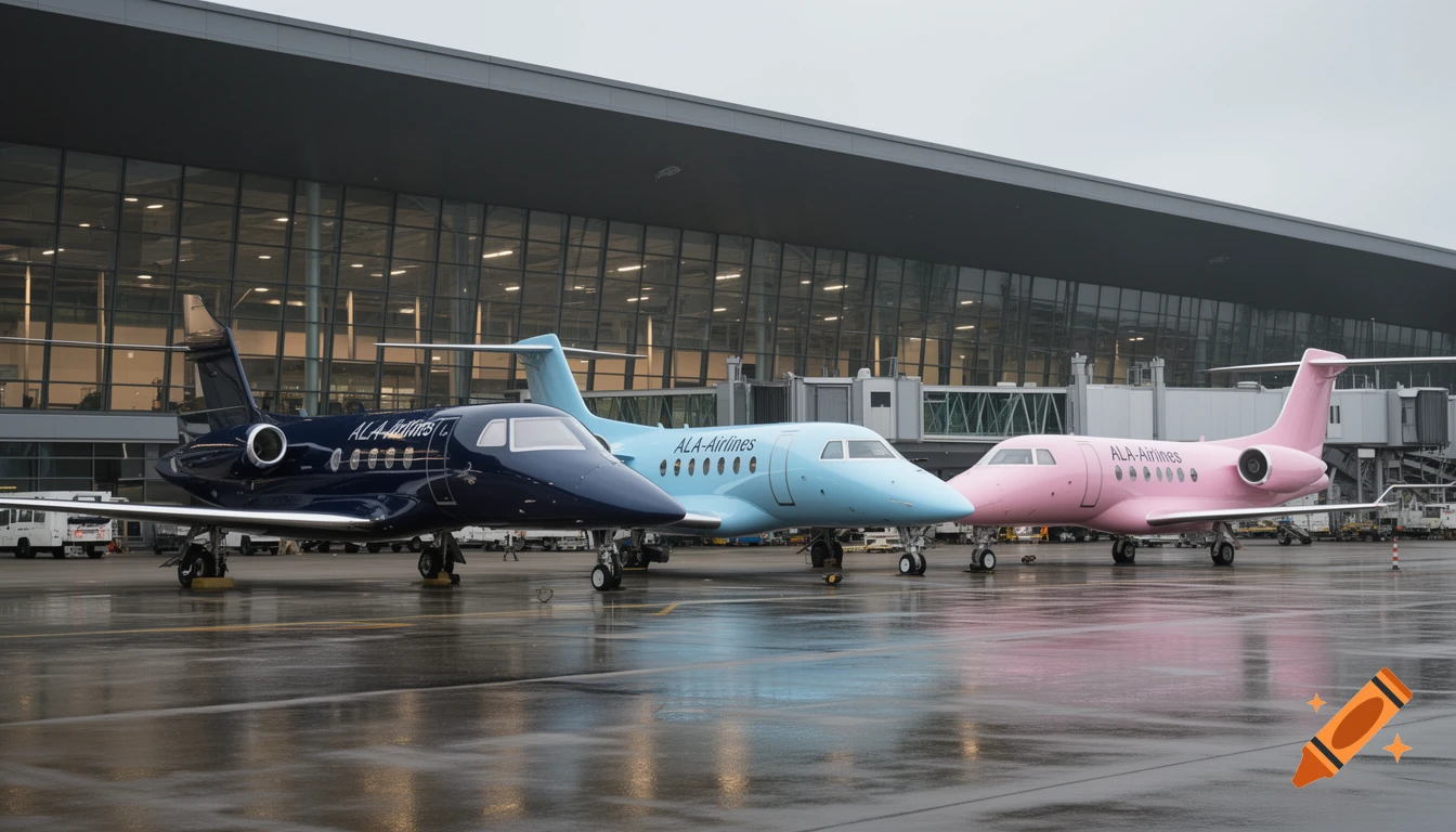 Photorealistic image of three modern private jets in dark blue, light blue, and pastel pink parked outside a large airport terminal.