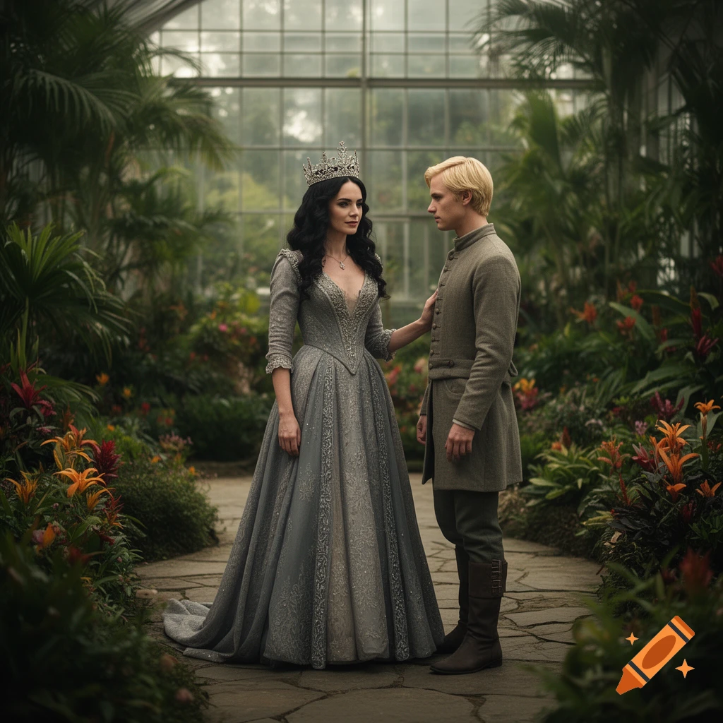 Photorealistic scene of a dark-haired queen wearing a crown in a lush greenhouse, standing with a blonde companion.