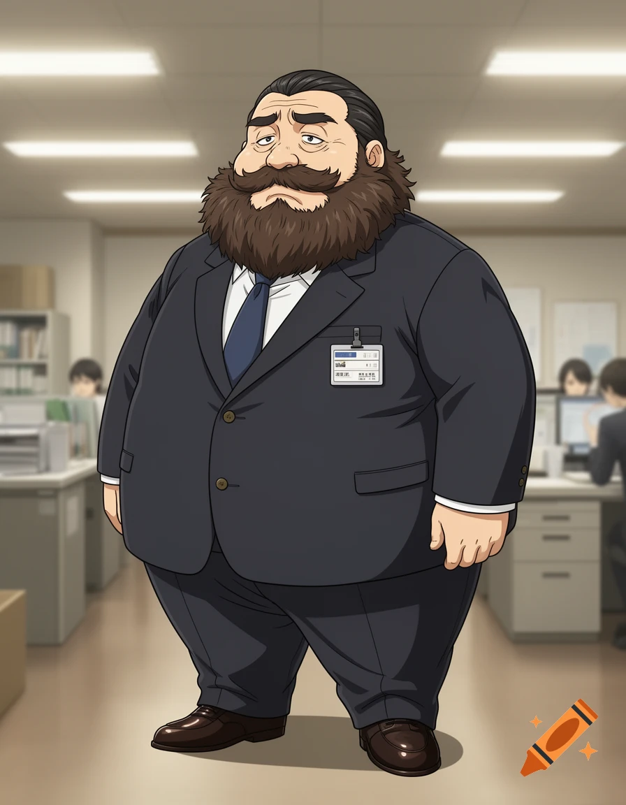 Anime style illustration of an extremely fat male office worker with a large bushy beard standing in an office.