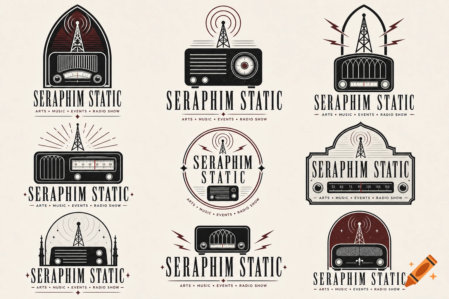 A sheet of nine minimalist gothic radio show logo design variations featuring old school radios and towers.