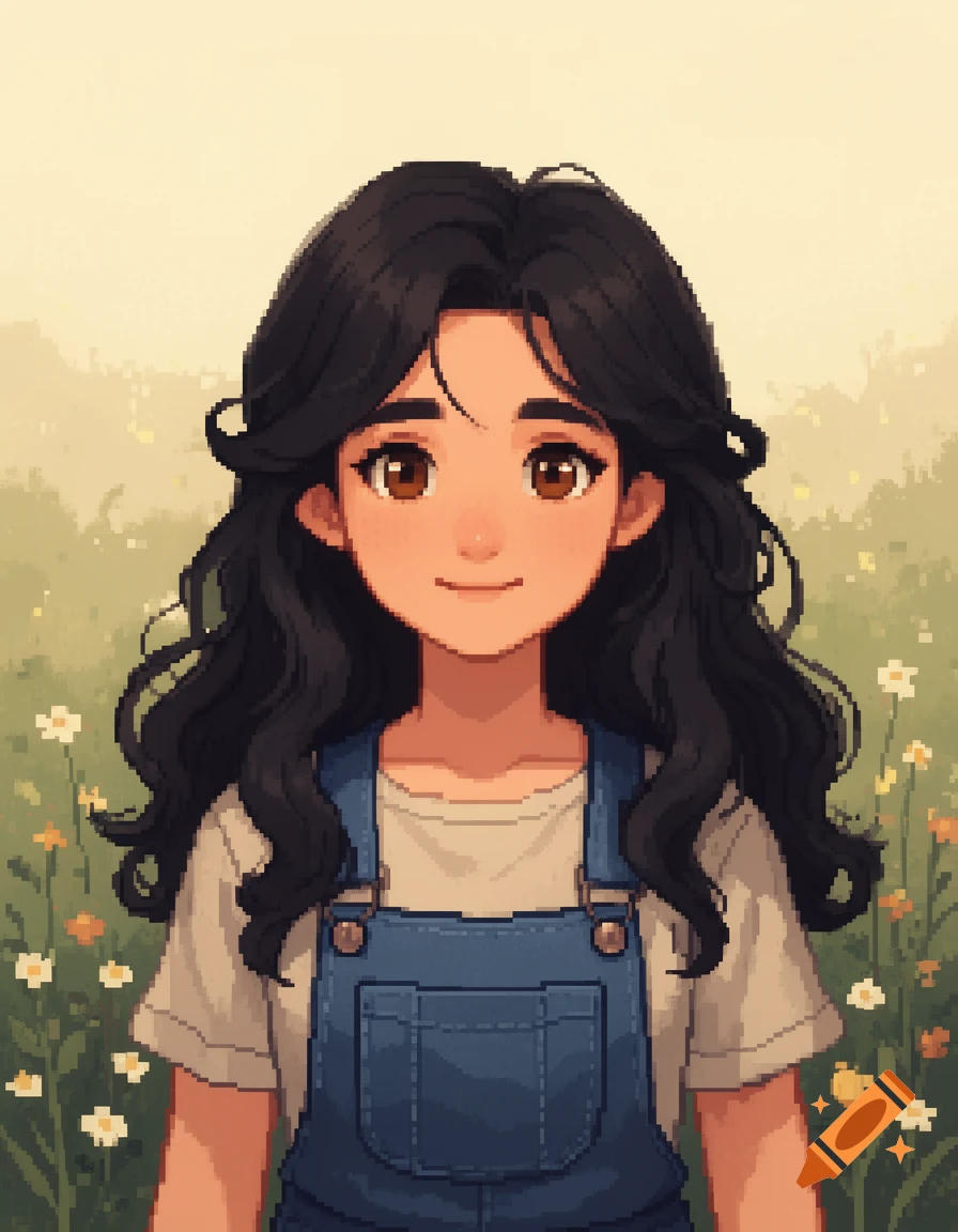 Pixel art character portrait of a girl with long dark wavy hair and brown eyes wearing blue overalls in a field of flowers.