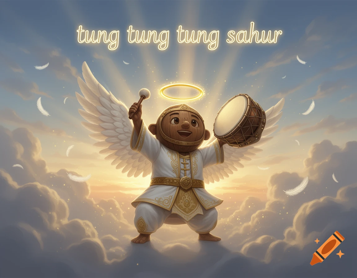 An angelic figure with wings, a halo, and a wooden drum in the clouds, with glowing text above reading tung tung tung sahur.
