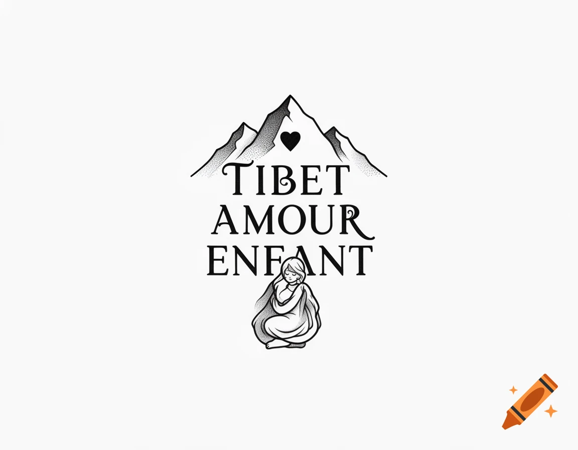 Black and white vector logo featuring a mountain, a heart, the text Tibet Amour Enfant, and a seated figure.