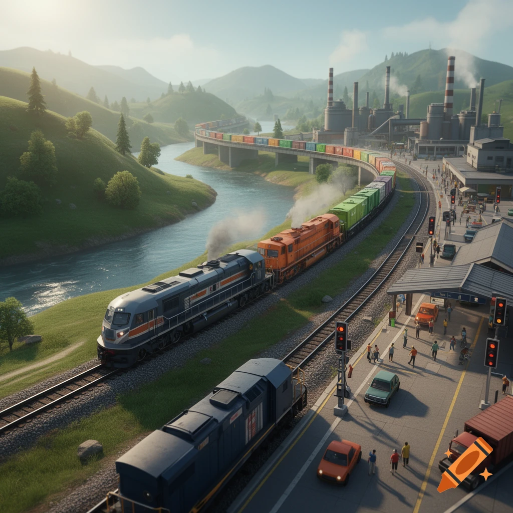 Aerial view of a scenic railway landscape with trains winding through a lush green valley with a river and industrial factory.