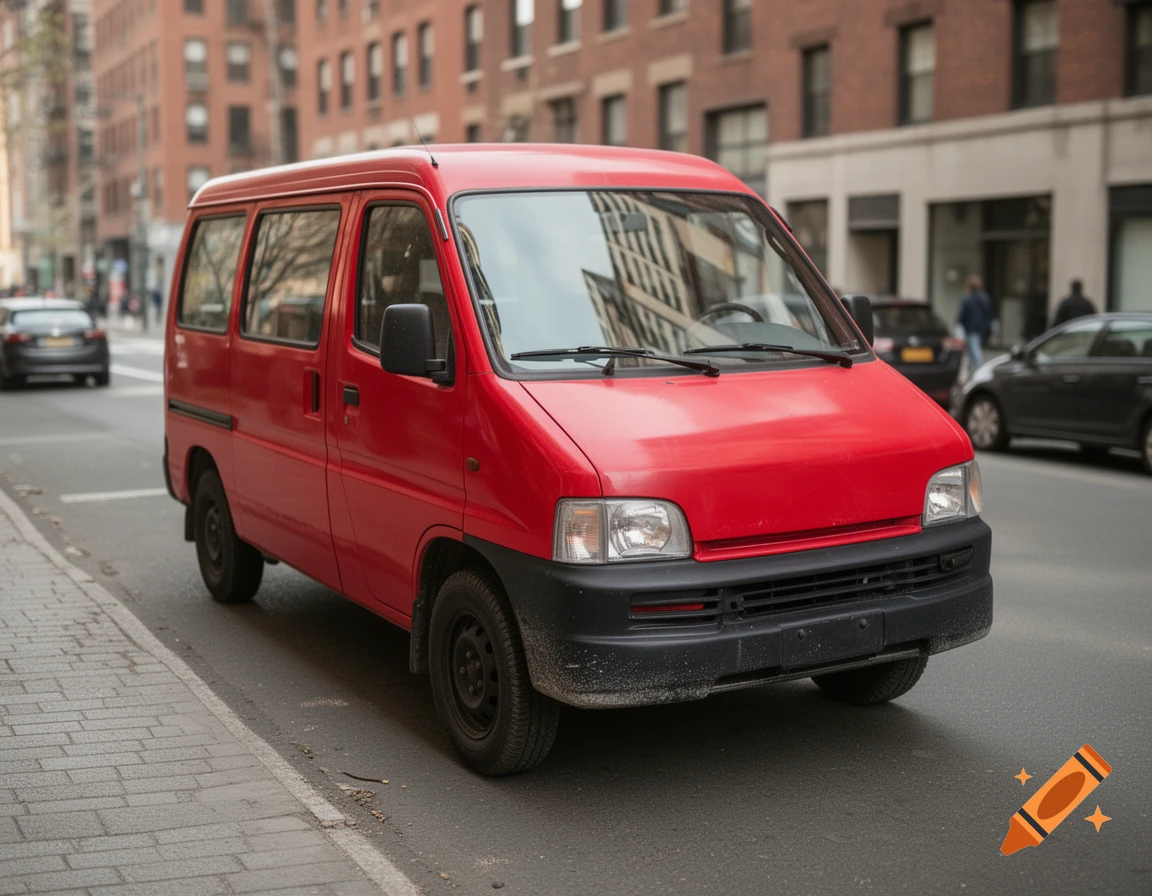 A red minivan parked on a city street next to a sidewalk with brick buildings in the background.