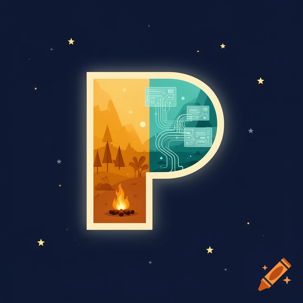A flat 2D vector illustration of a glowing cream-colored letter P against a dark blue starry night sky, acting as a portal between a warm amber prehistoric landscape and a cool teal digital world.