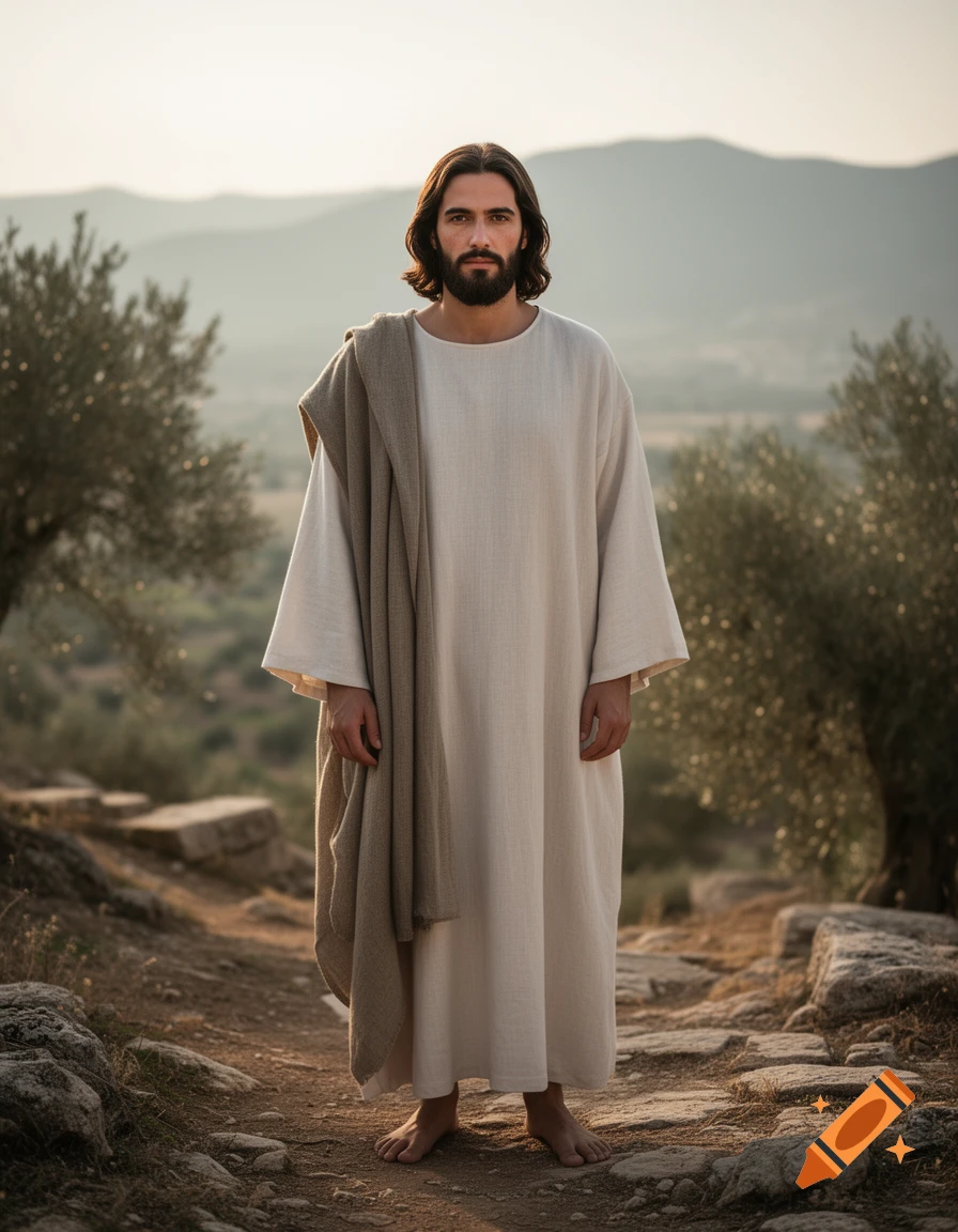 Photorealistic depiction of Jesus standing on a path in a landscape with olive trees.