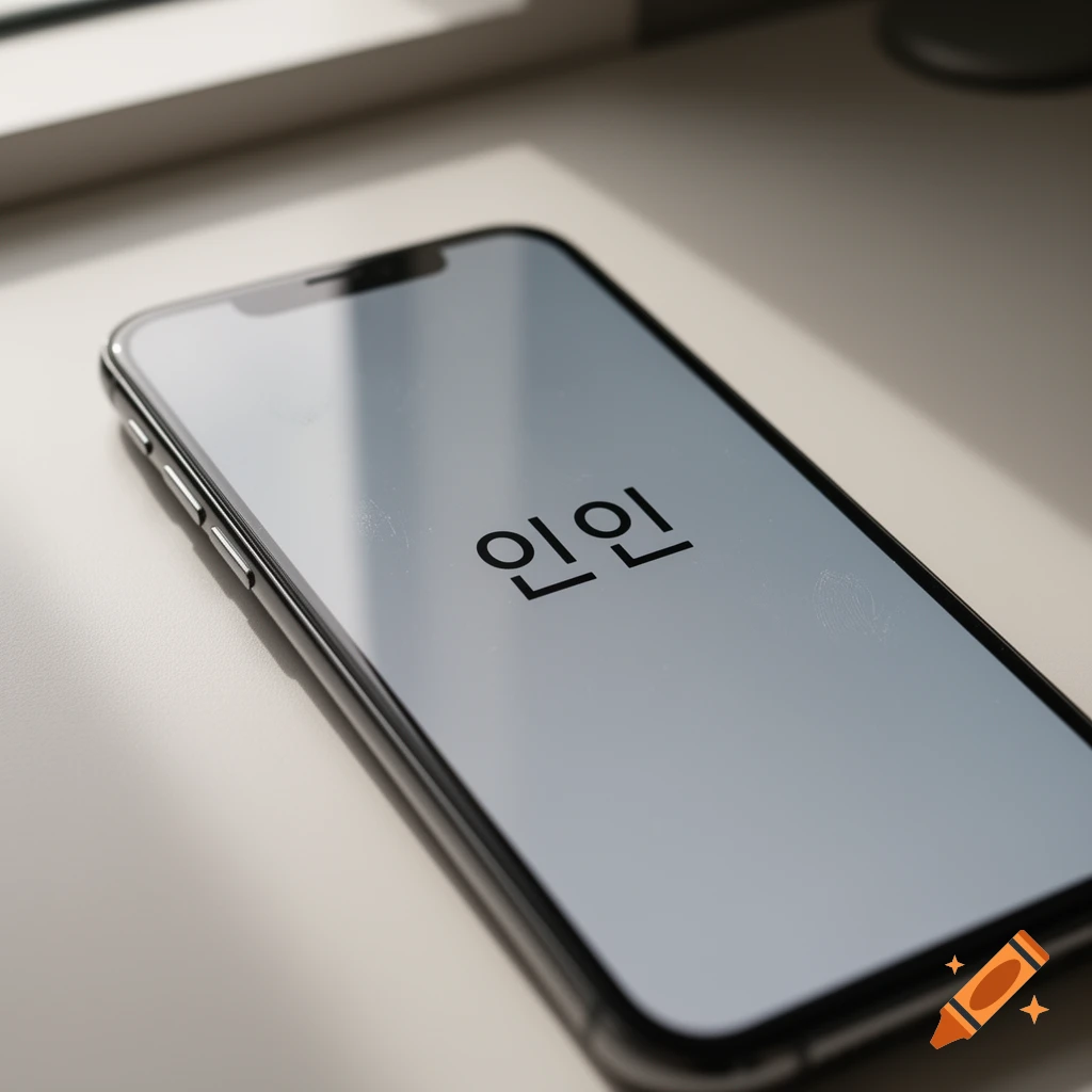 Close-up photorealistic shot of a modern smartphone resting on a light surface, displaying Korean characters on the screen.
