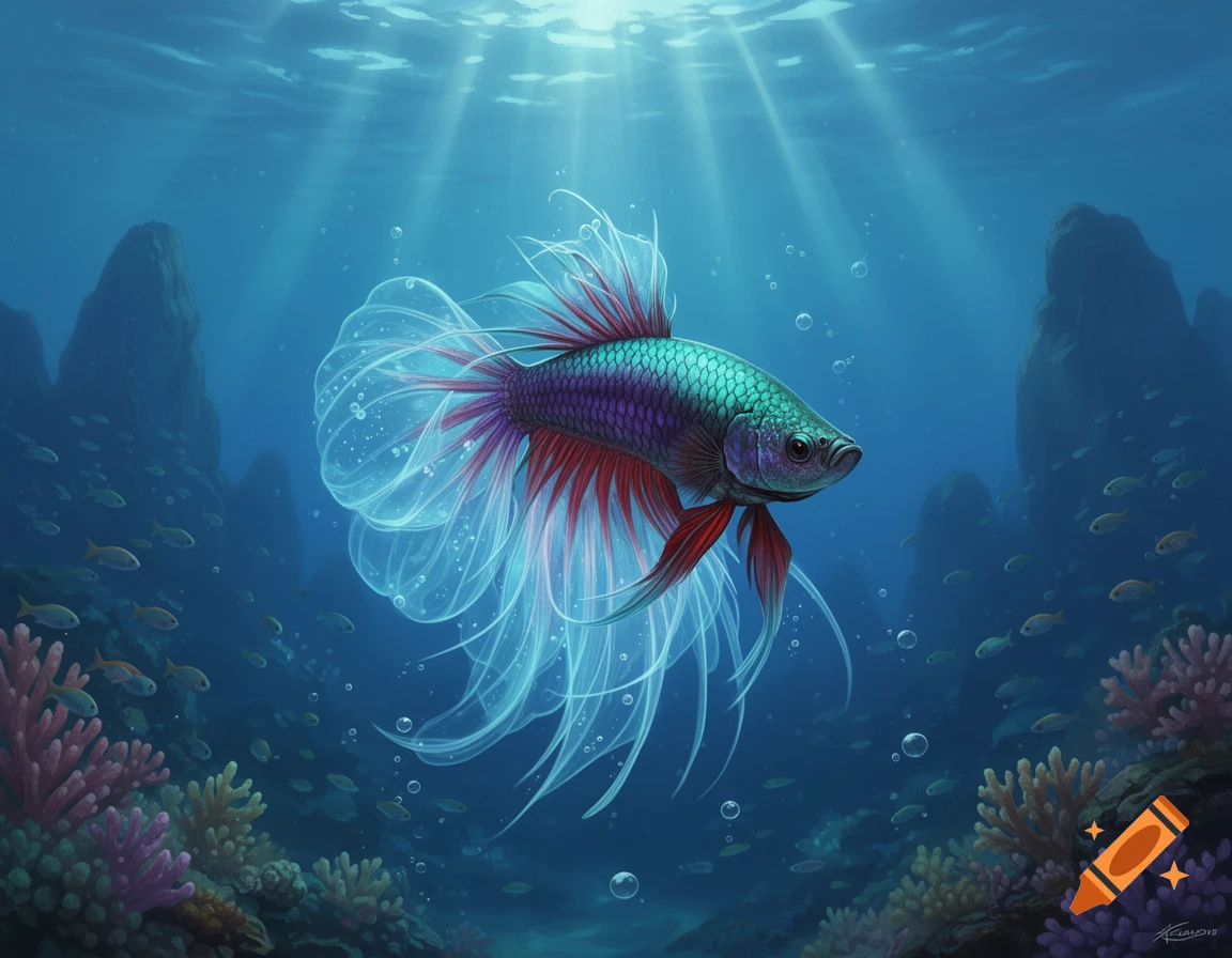 Digital painting of a fantastical betta fish with translucent jellyfish-like fins swimming in a vibrant underwater ocean scene.