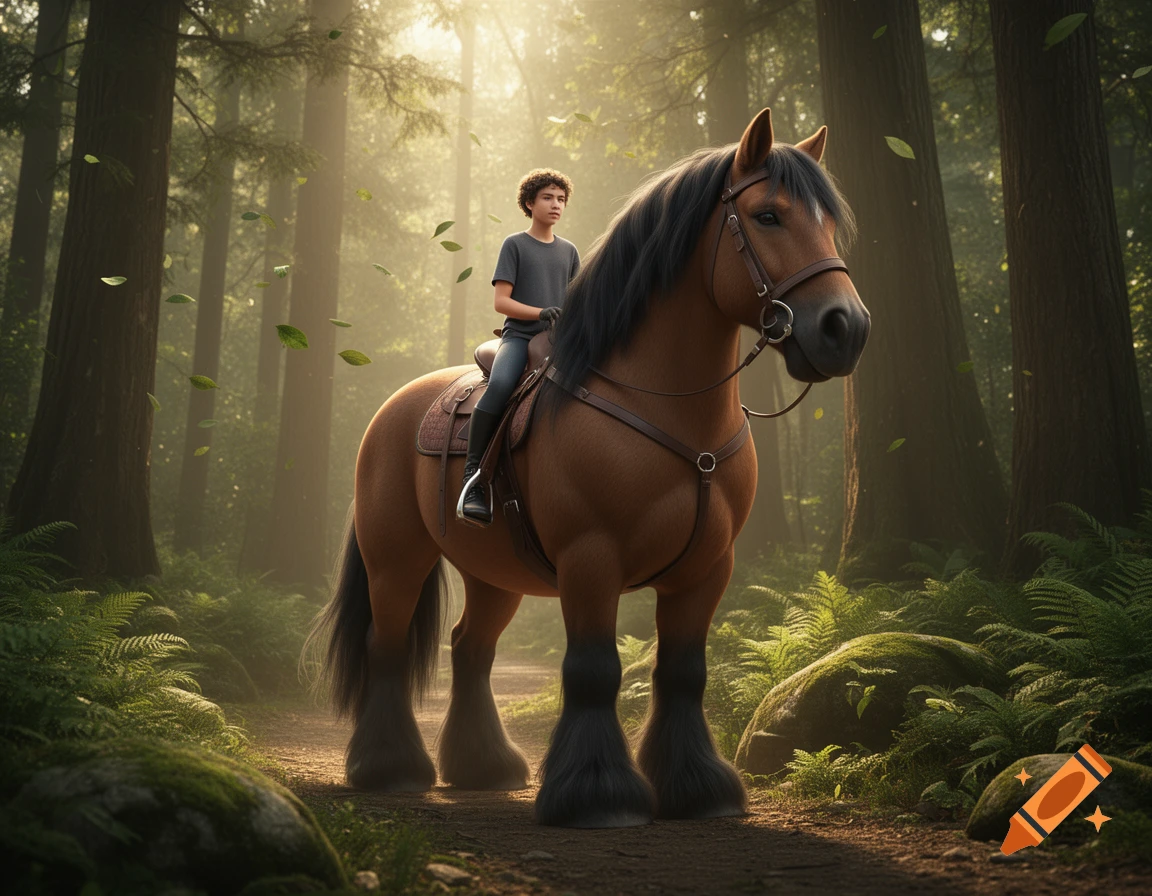 3D render of a teenager riding a massive Shire horse on a sunny forest trail.