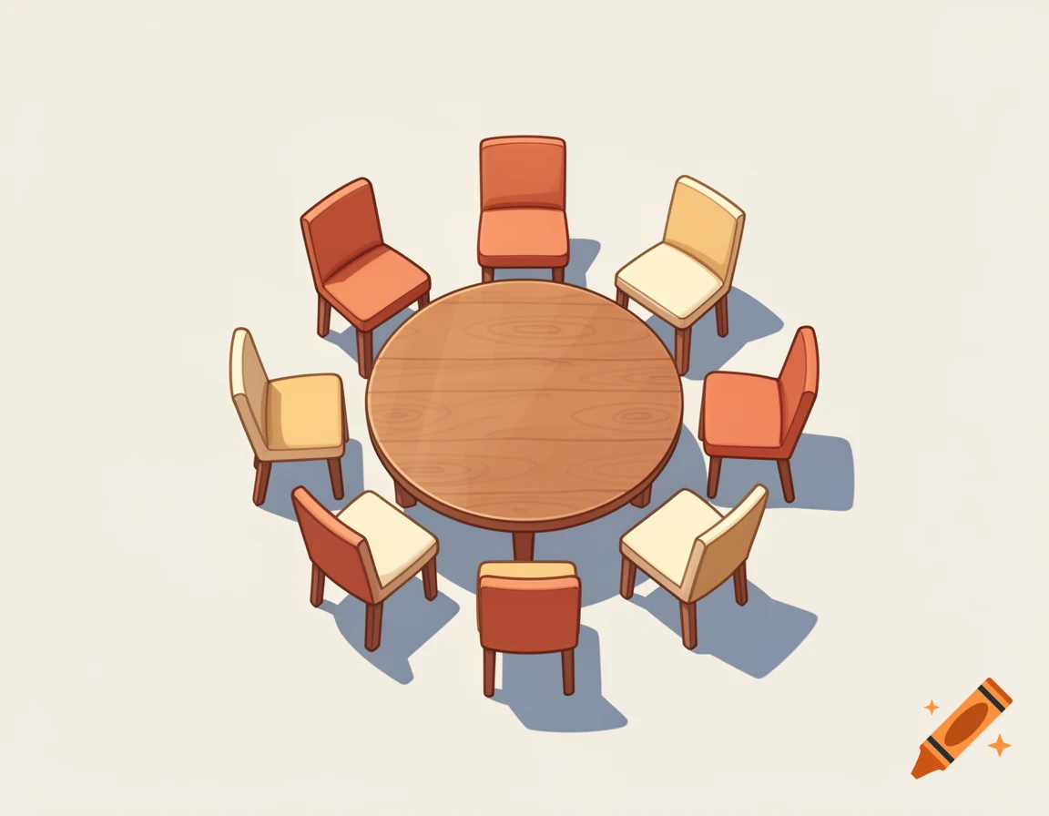 A top-down stylized illustration of a round wooden table surrounded by eight chairs in a circle.