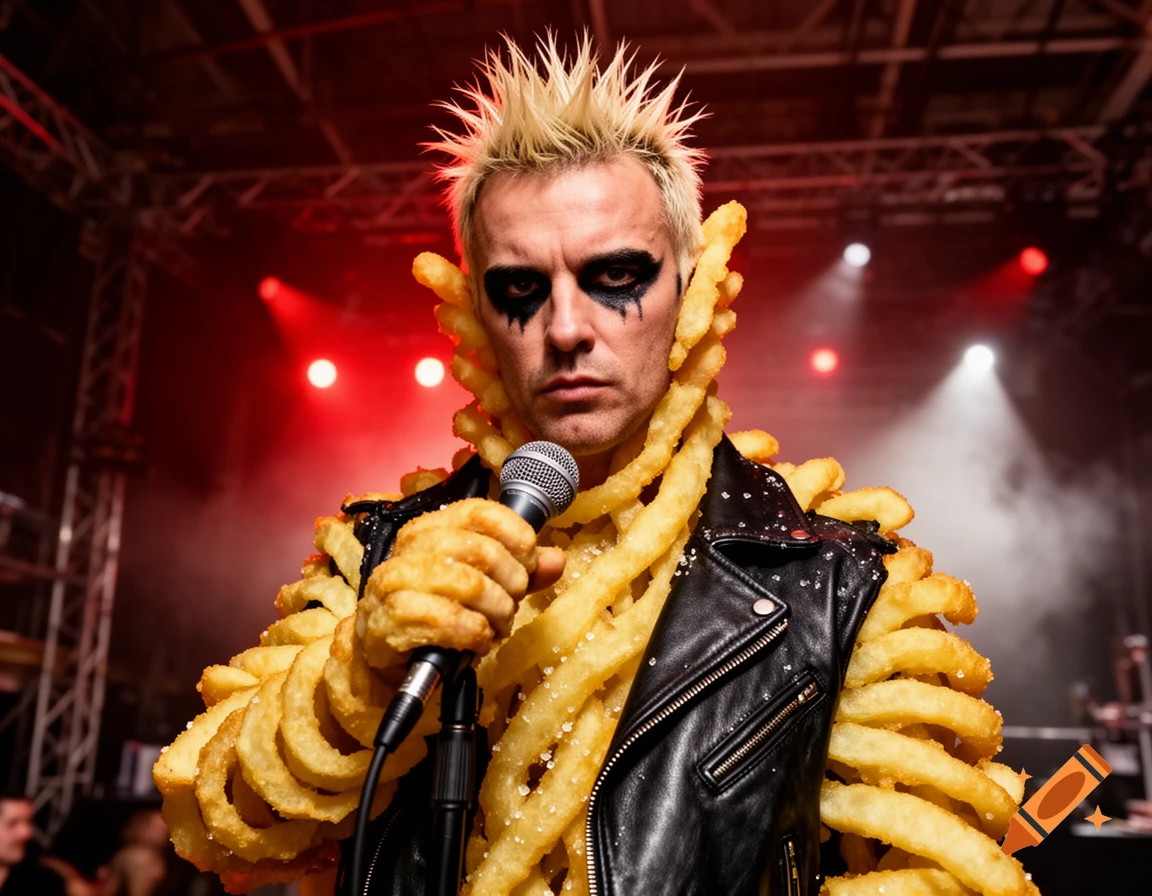 Photorealistic portrait of Keith Flint from The Prodigy with his body and hair made of curly french fries, holding a microphone on stage.