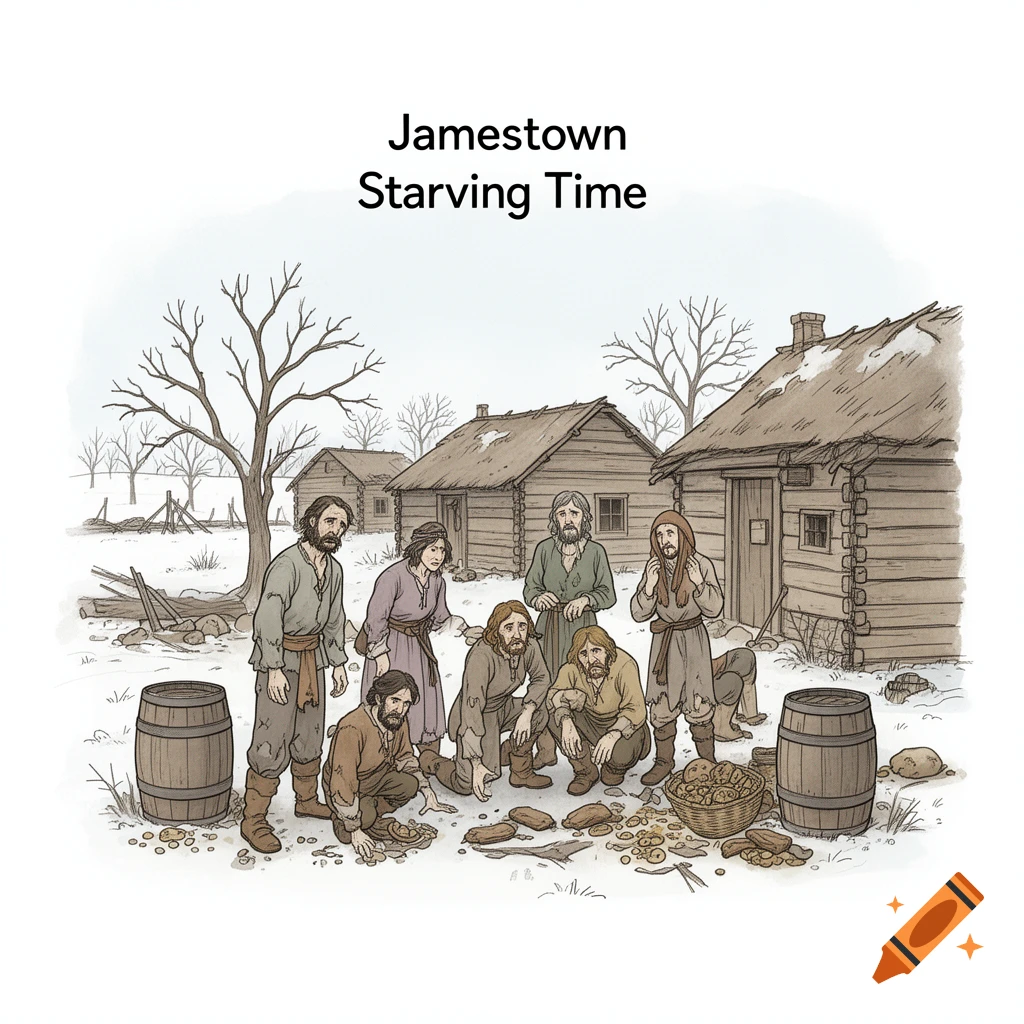 Simple line drawing of settlers in Jamestown during the starving time, gathered outside wooden cabins in winter.