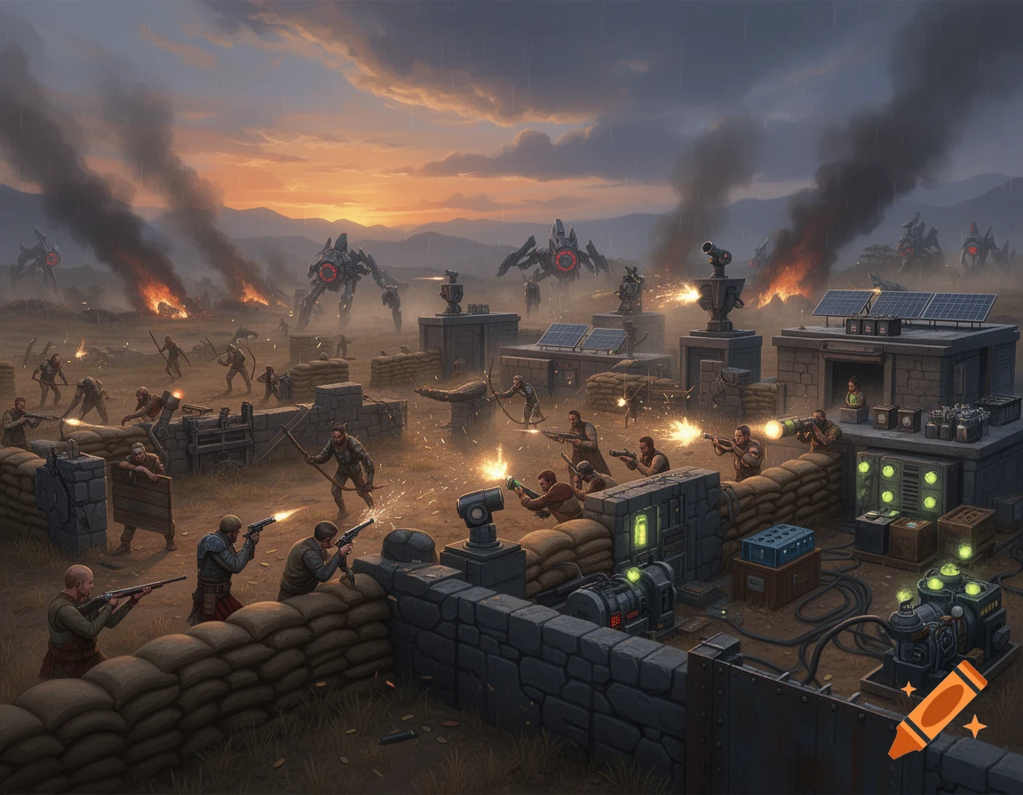Detailed digital art depicting a sci-fi base defense scene with colonists firing weapons at approaching robotic enemies under a dramatic sunset sky.