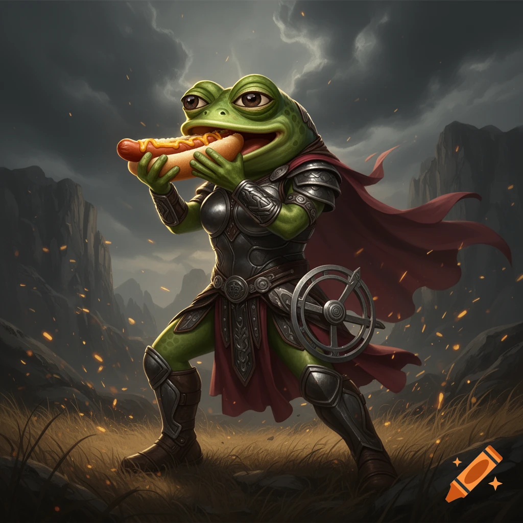 An anthropomorphic green frog dressed in armor like Xena, eating a hot dog in a fantasy landscape with stormy skies.