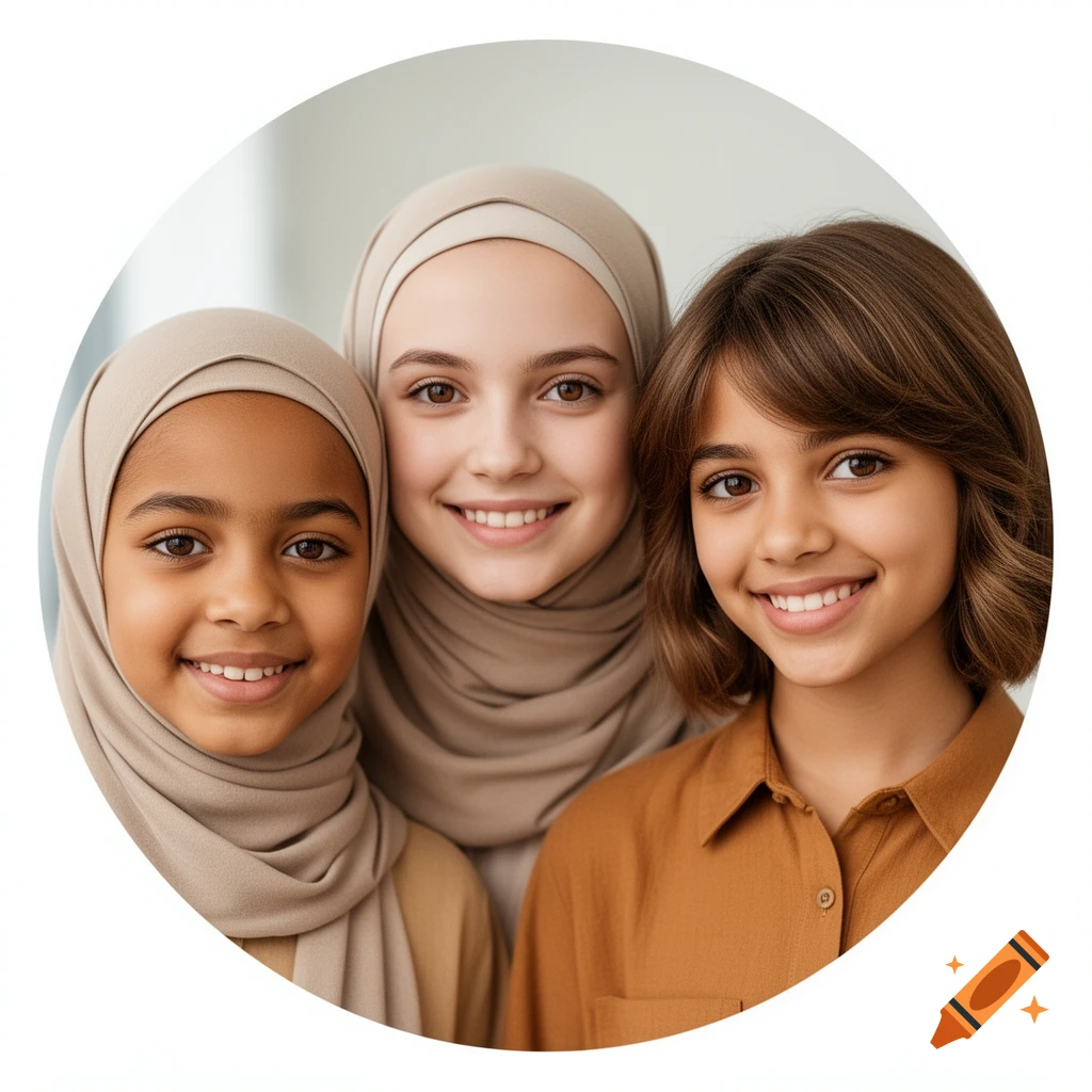 Close-up portrait of three smiling girls, two wearing hijabs and one with brown shoulder-length hair.