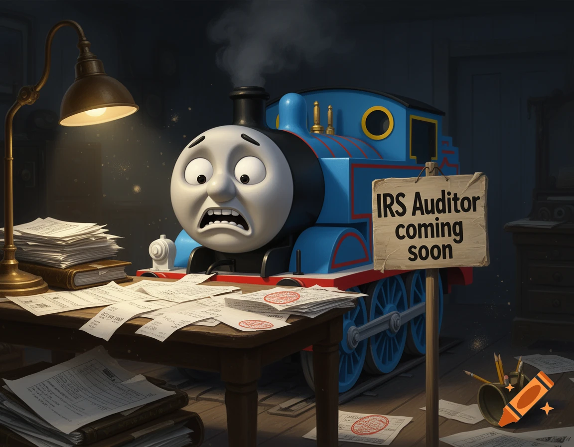 Thomas the Tank Engine with a scared expression sitting at a wooden desk with tax papers, next to a sign reading IRS Auditor coming soon.