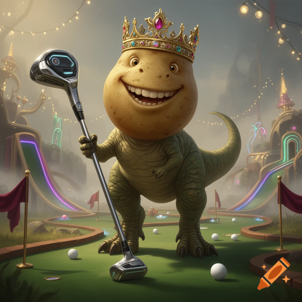 A smiling T-Rex wearing a golden crown with a potato head holding a 3D minigolf club on a fantasy minigolf course.