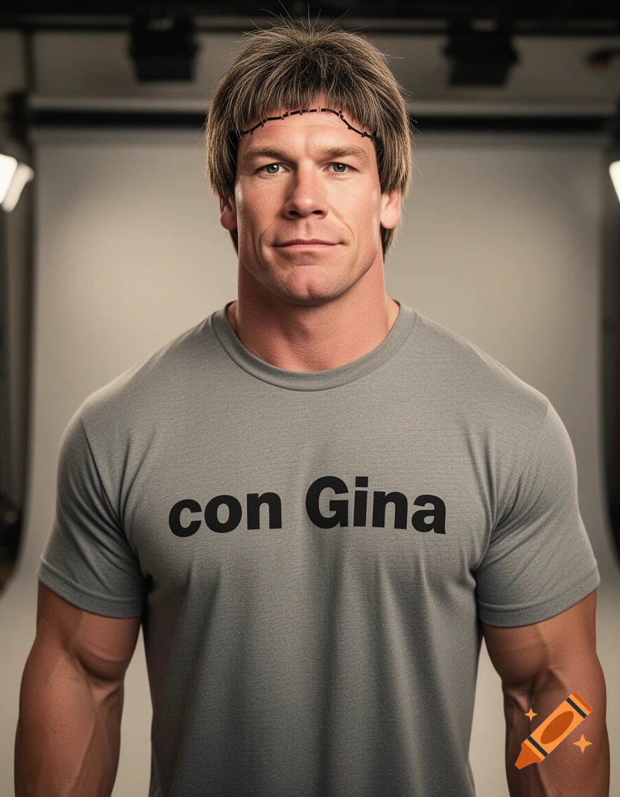 Photorealistic portrait of a muscular man wearing a grey t-shirt that says 'con Gina' and a fake brown wig.