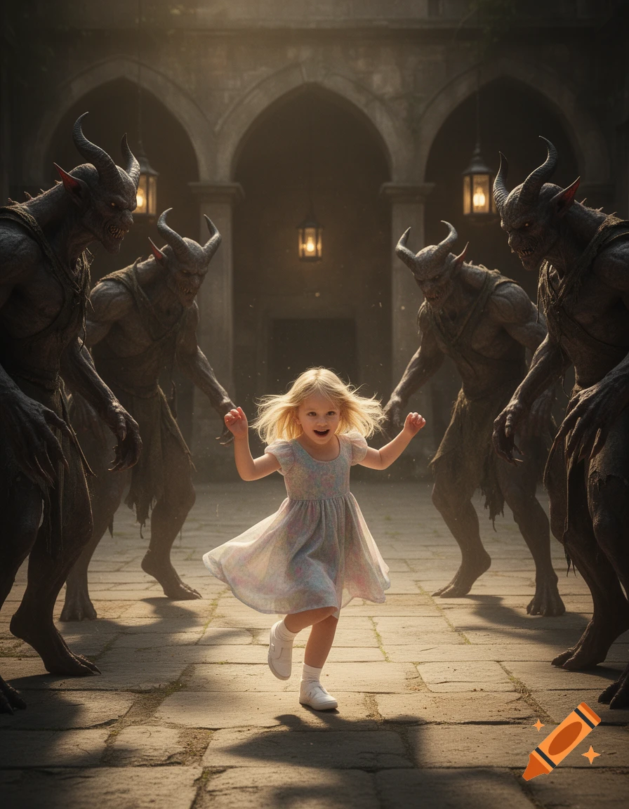 A cute little blonde girl in a pastel dress happily dancing in a stone courtyard, surrounded by four large horned demons.