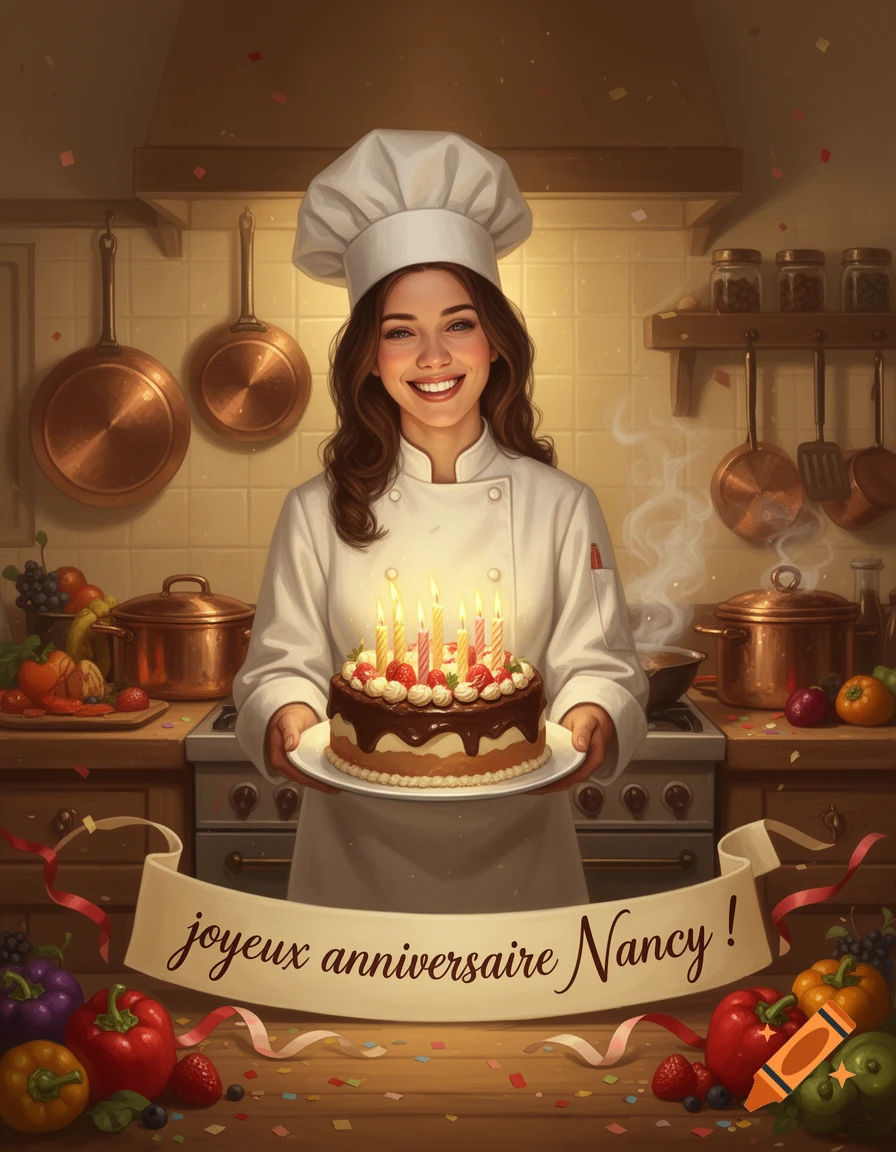 Smiling female chef in a white uniform holding a birthday cake with lit candles in a kitchen.