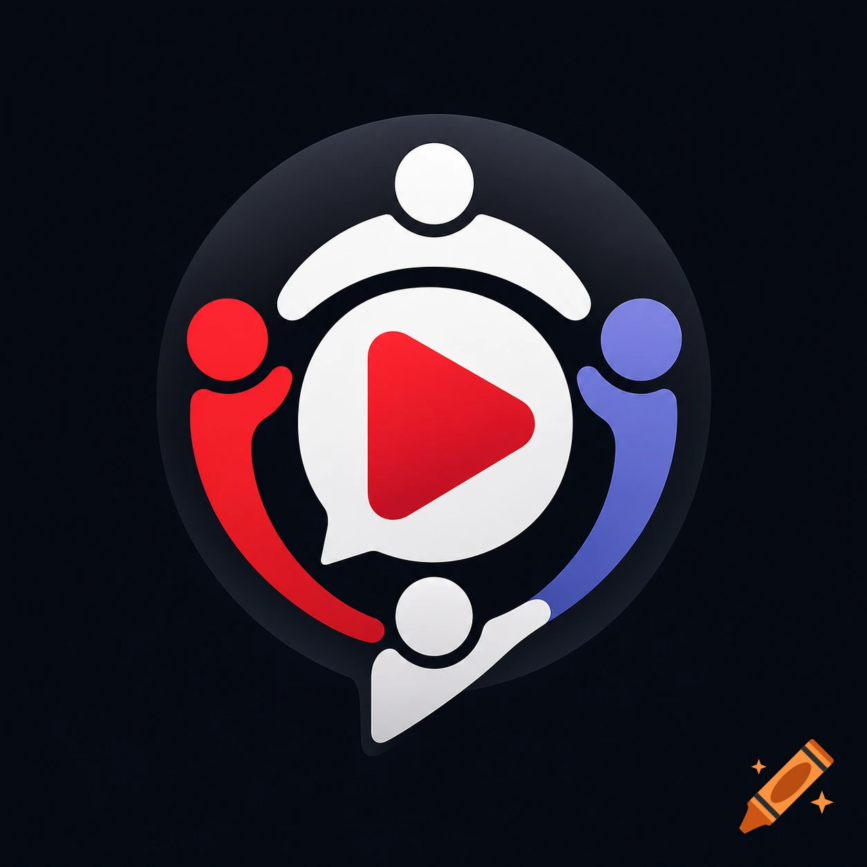Round logo for a French community featuring abstract stylized human figures and a red play button icon.