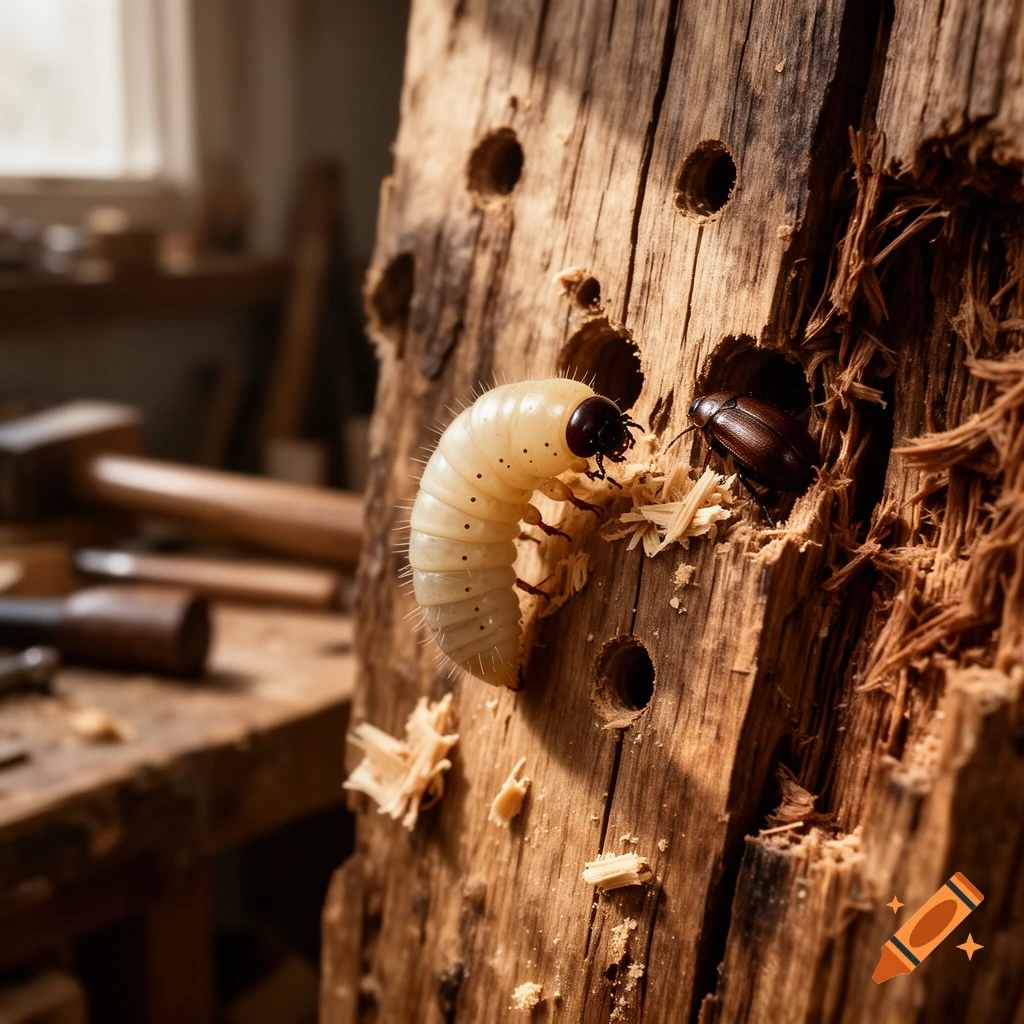 Close-up of a wood-boring beetle larva and an adult beetle on a piece of weathered wood in a workshop.