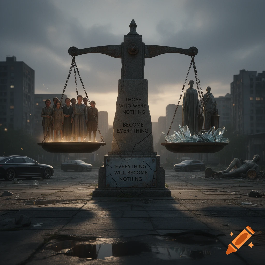 A massive scale monument in a ruined city plaza, holding a group of people on one side and a broken statue on the other, with text reading 'Those who were nothing become everything'.
