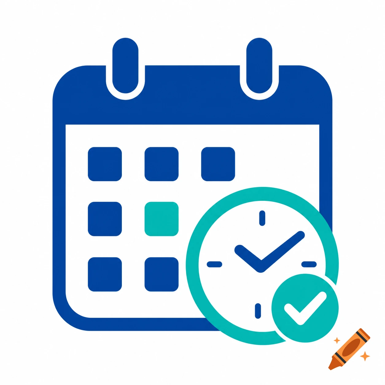 Minimalist blue and teal icon of a calendar and a clock with a checkmark.