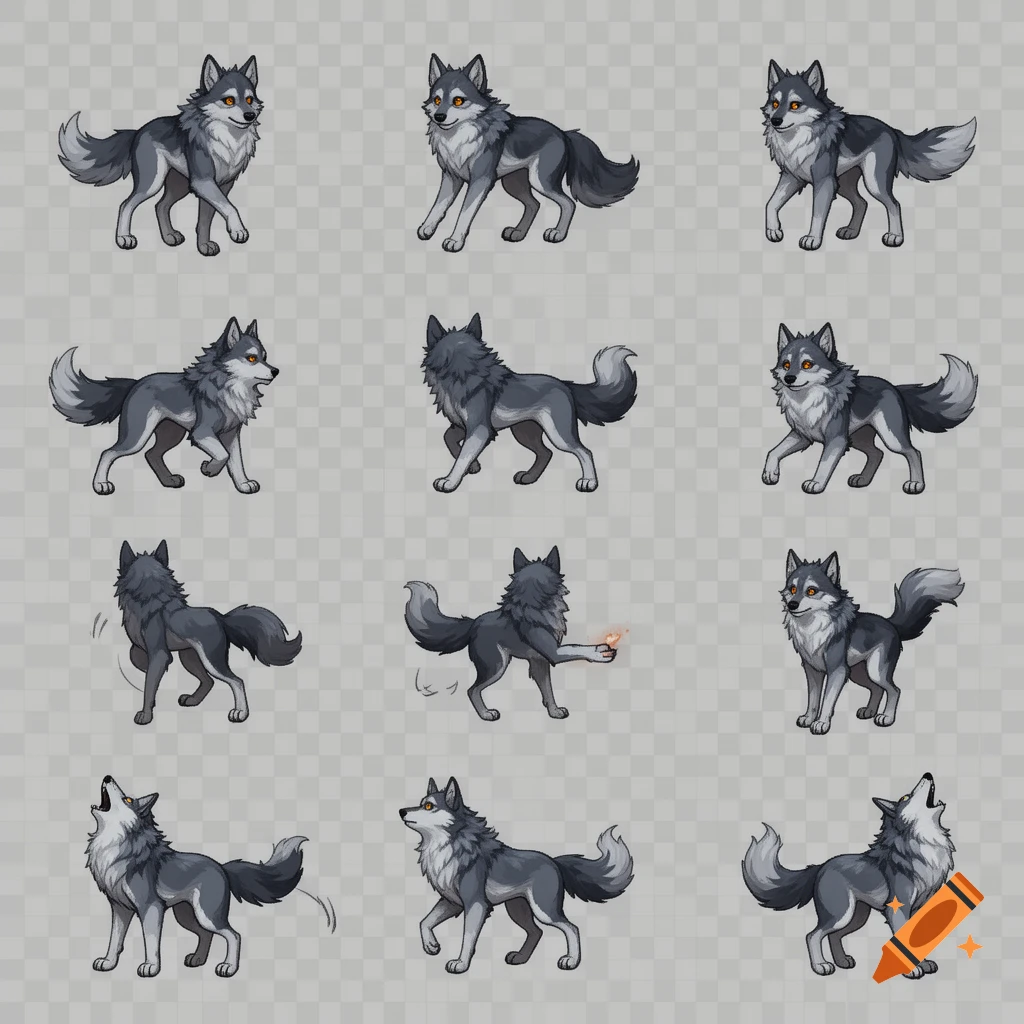 Sprite sheet of a dark grey wolf in various poses and actions on a transparent background.