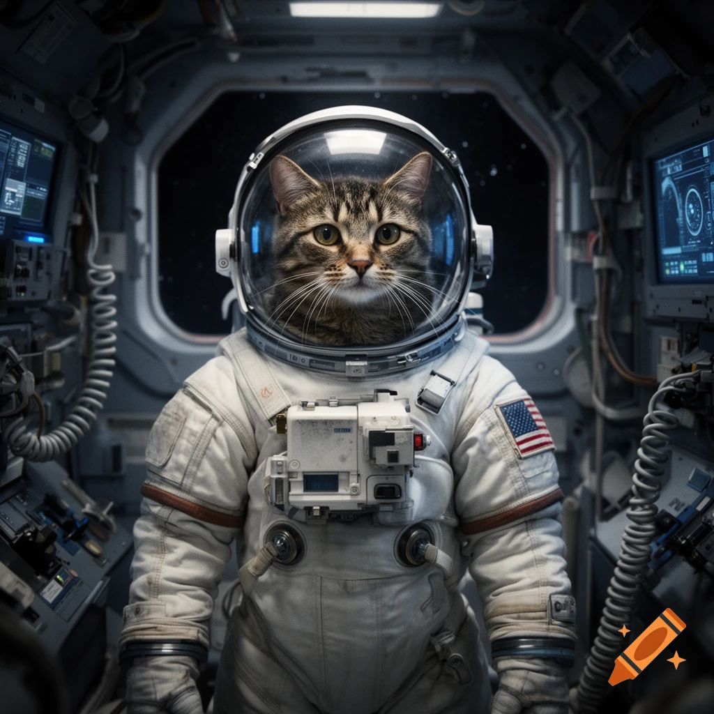 Photorealistic image of a tabby cat wearing a spacesuit inside a spacecraft control room.