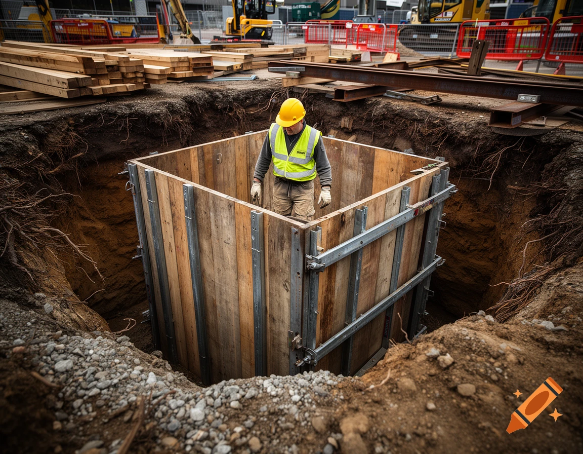 Photorealistic image of a construction worker in a safety vest and hard hat standing inside a wooden trench box in a deep excavation site.