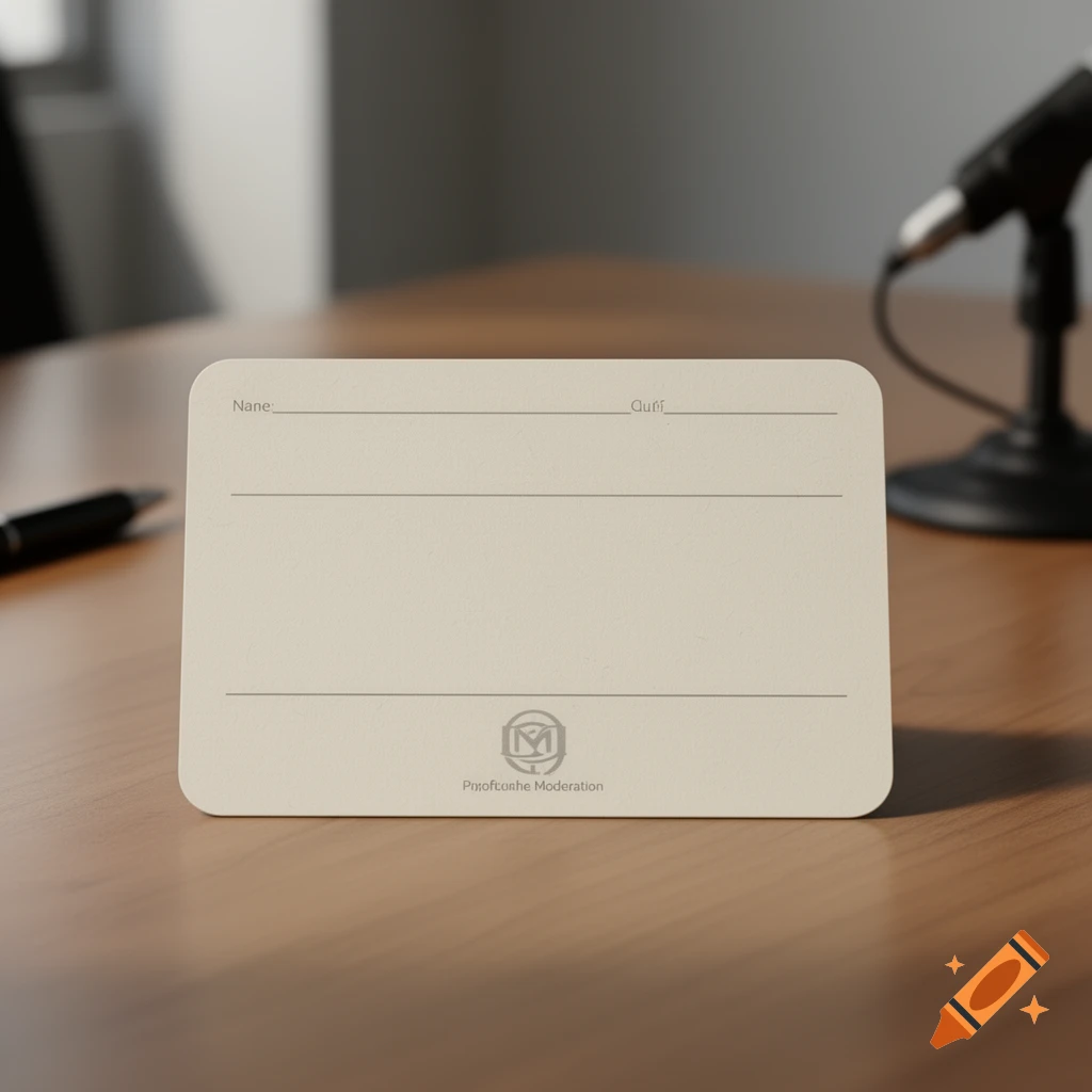 Blank moderation card on a wooden desk with a microphone in the background, photorealistic.