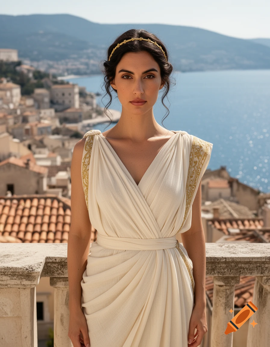 Photorealistic portrait of a young woman in ancient Greek attire standing on a balcony overlooking the sea.