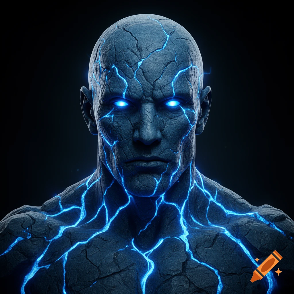 Headshot portrait of a humanoid creature with blue stone skin and glowing blue cracks, featuring piercing glowing blue eyes in a dark setting.